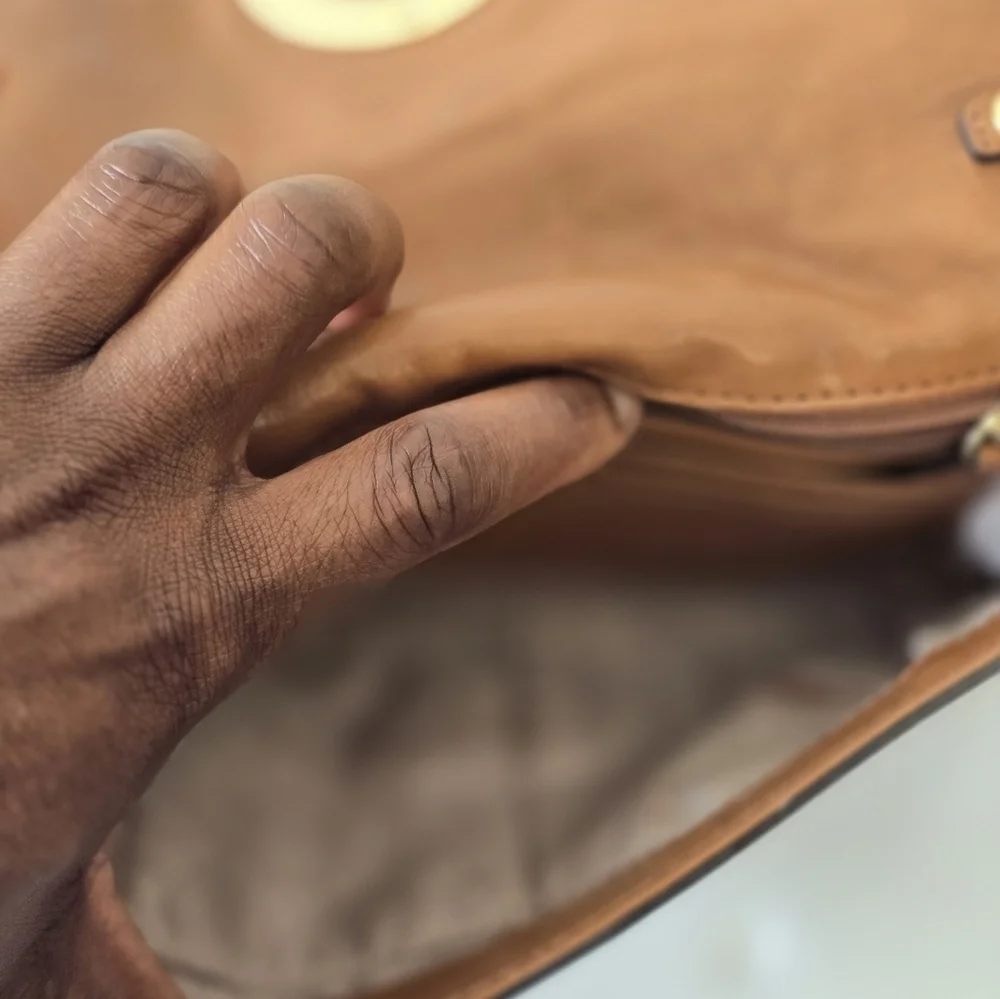 Michael Kors Women Fulton Brown Leather Crossbody Bag Gold Chain Strap Dustbag - Picture 14 of 16